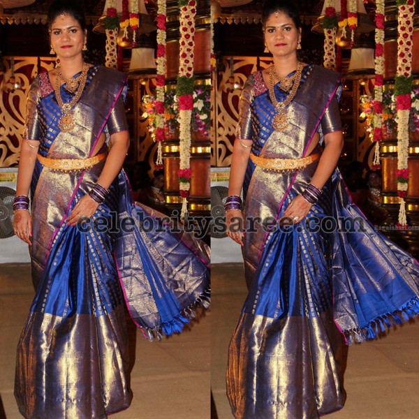 Handwork Embroidery Banarasi Silk Dual Tone Blue Golden Bridal Saree –  Sunasa