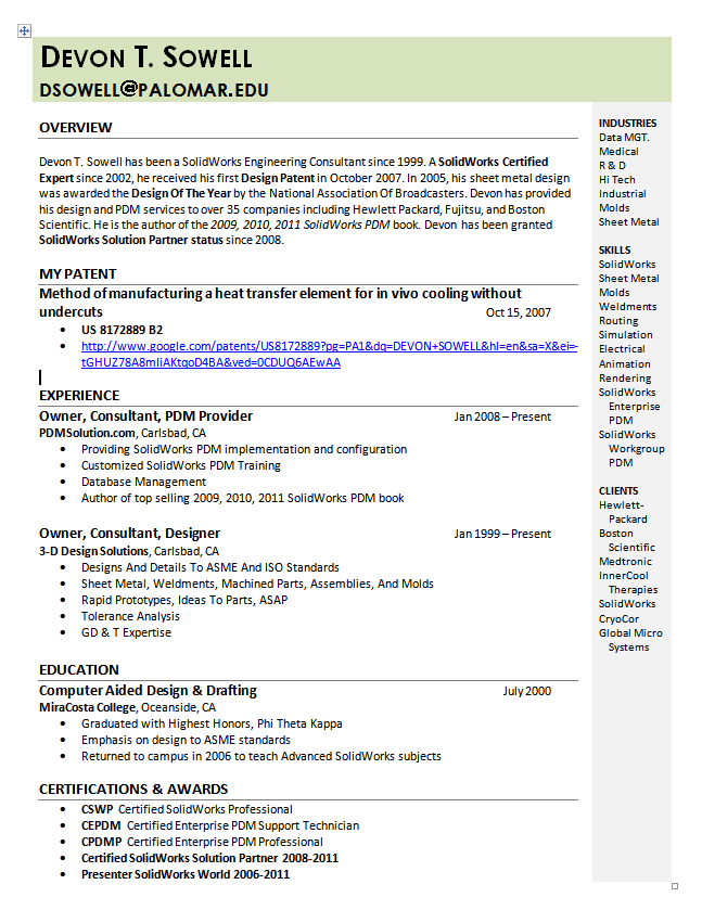 solidworks resume