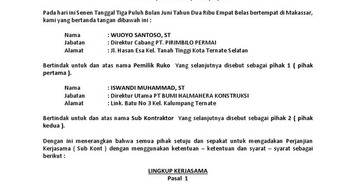 Contoh Surat Perjanjian Sub Kontraktor Doc Contoh Seputar Surat