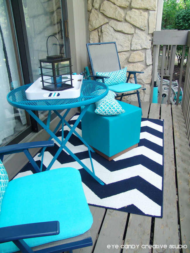 navy chevron rug, Target stool, patio chairs & table makeover, outdoors