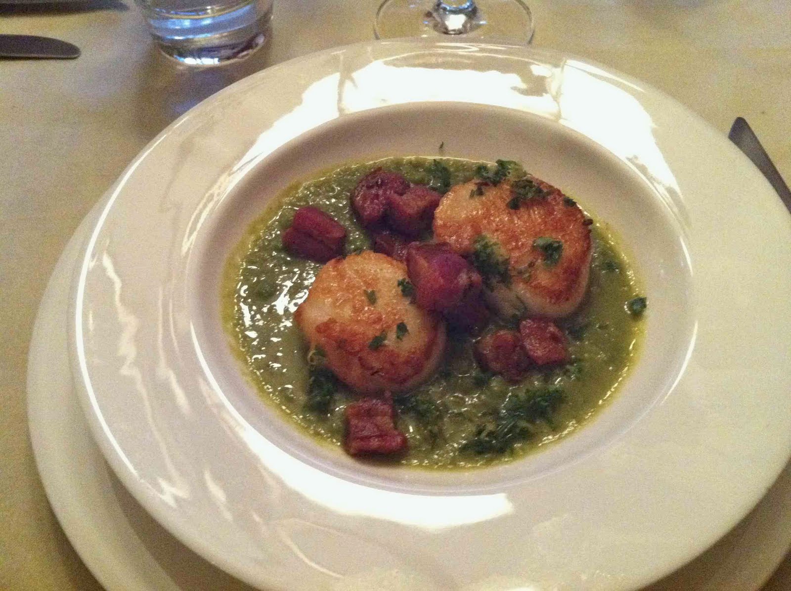 Equal Opportunity Kitchen Scallops with Pea Puree, Pancetta and Gremolata
