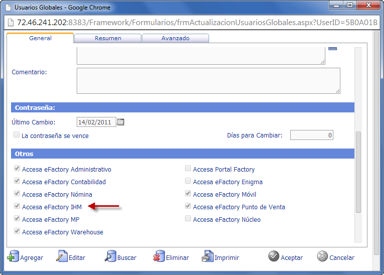 Permiso de Acceso a eFactory IHM desde Usuarios Globales, en eFactory ERP/CRM - eFactory In Hand Manager: información gerencial cuando la necesites Permiso de Acceso a eFactory IHM desde Usuarios Globales, en eFactory ERP/CRM - eFactory In Hand Manager: información gerencial cuando la necesites