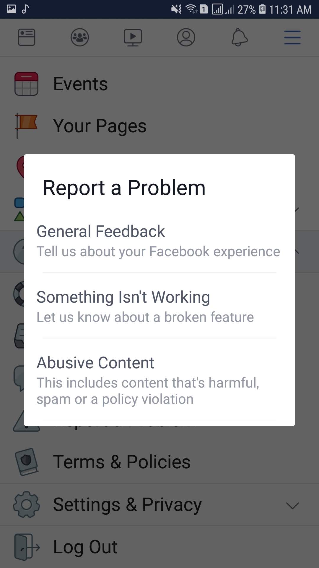 اختر تصنيف المشكلة التى تواجهة فى تطبيق فيسبوك لكى يتم اصلاحها فوراً