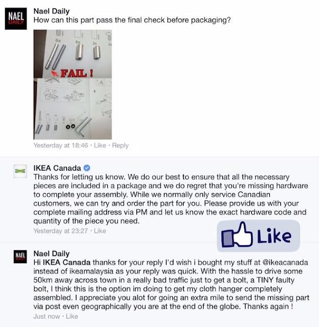 IKEA's reply on faulty bolt