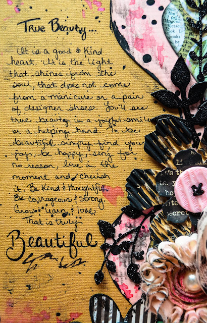 Be You{tiful}: True Beauty Mixed Media Scrapbook Page Layout by Carrie Williams - Dearzae.com Beauty mixed media scrapbooking page layout with heat embossed chipboard, washi tape, polka dots, die cuts, in contemporary grunge style