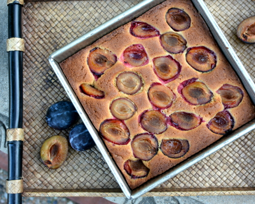 Dimply Plum Cake ♥ KitchenParade.com, a rustic cake topped with sweet Italian plums burrowed into a cardamom-sweet, citrus-scented batter. Recipe, tips, nutrition & WW points included.