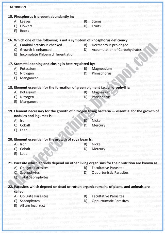 Adamjee Coaching: Biology Mcqs XI - Nutrition