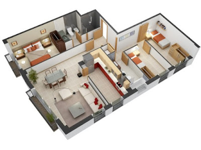 Modern house floor plans 3D with separated social area Modern house floor plans 3D with separated social area