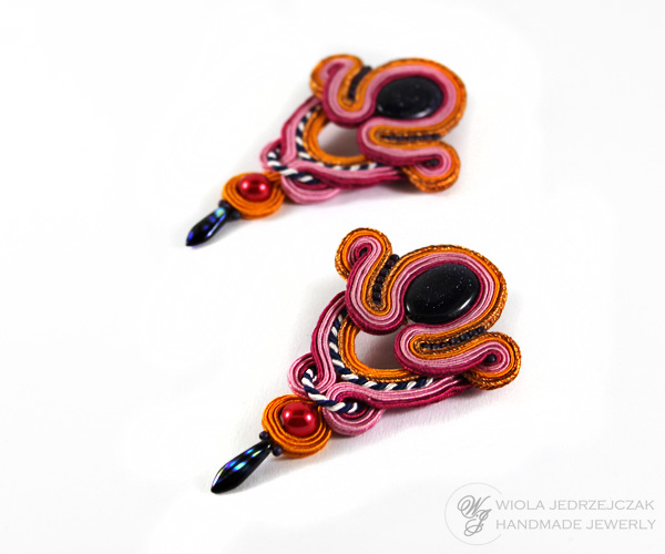 soutache earrings, pink, orange, cooper and navy blue