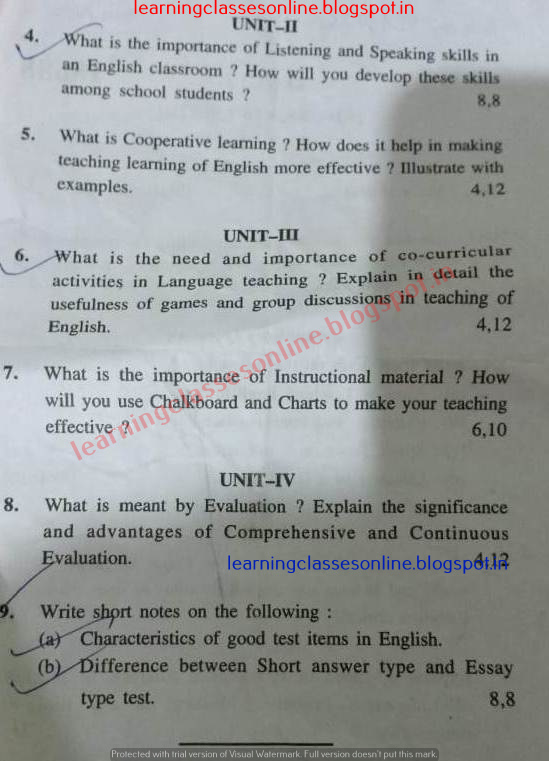 English B.Ed first year Question Paper 