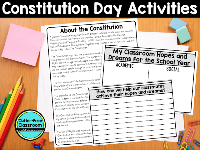 Constitution Day Activities and Printables from Clutter - Free Classroom Did you know ALL public school teachers MUST teach a lesson about the Constitution on Constitution Day every September? This post by the Clutter - Free Classroom provides Constitution Day Activities for Elementary School Students. It also has Constitution Day Resources, Lesson Plans and Printables for Kids and suggests Constitution Day books.