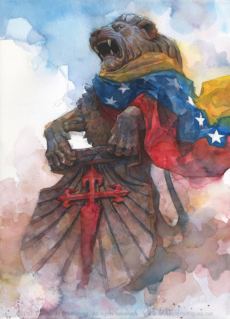 Watercolor illustration of a standing lion with a Venezuelan Flag holding a shelter of Santiago cross.