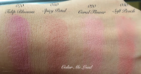 Swatches of Gucci Sheer Blushing Powder Coral Flower, Soft Peach, Spicy Petal and Tulip Blossom