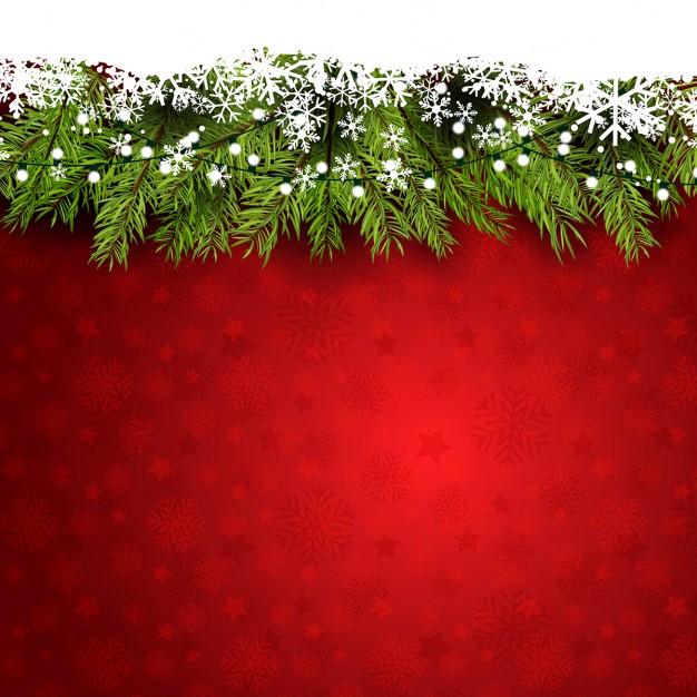 Red background with snowflakes and pine branches Free Vector