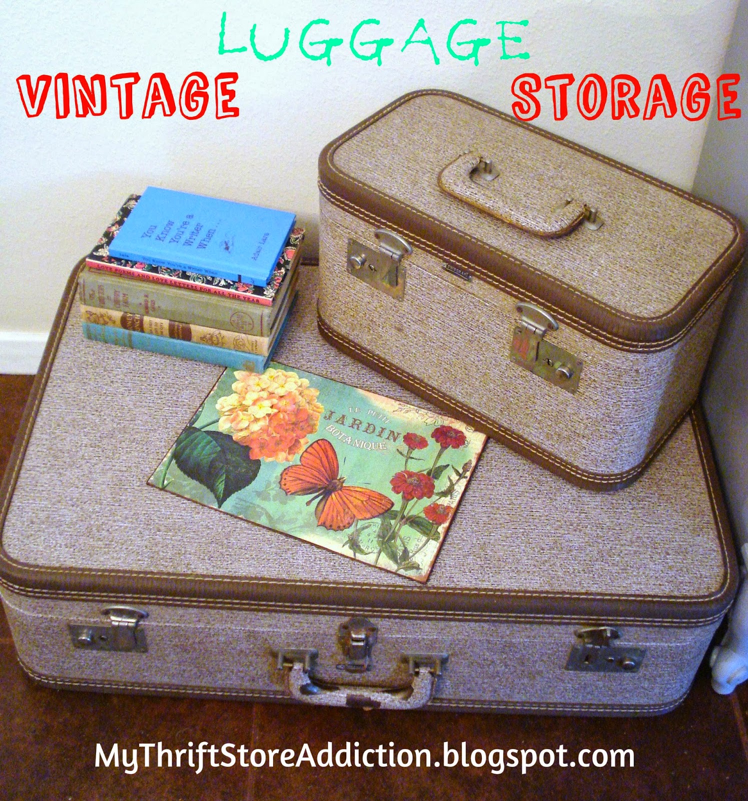 Repurpose vintage luggage as decorative storage in plain sight! mythriftstoreaddiction.blogspot.com repurposed vintage luggage storage