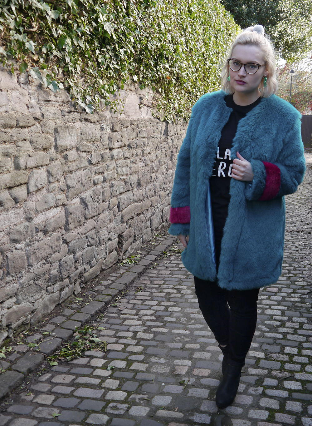 UK street style with oversized turquoise and purple faux fur jacket UK street style with oversized turquoise and purple faux fur jacket