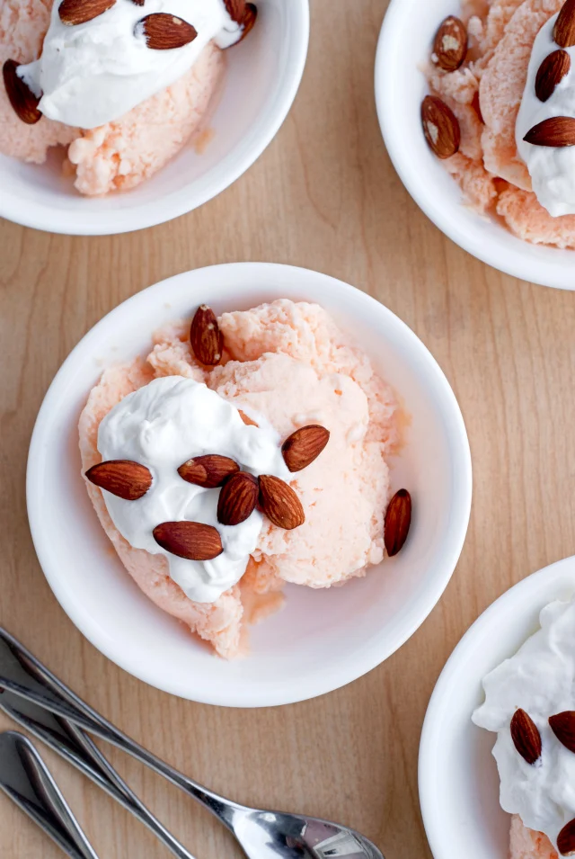 Cantaloupe, White Wine, and Ricotta Ice with Roasted Almonds | thetwobiteclub.com