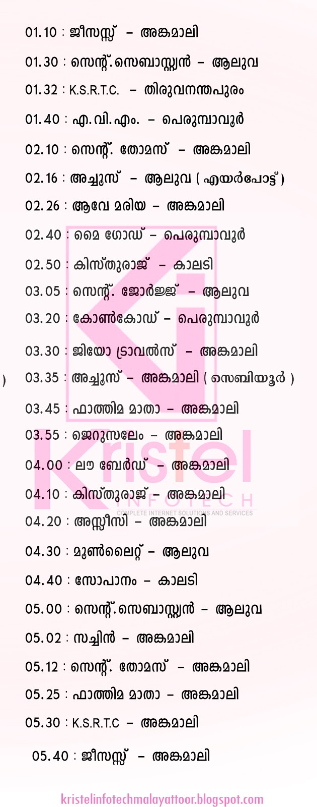 BUS TIME FROM KADAPPARA TO ANGAMALY, PERUMBAVOOR, ALUVA AND MORE