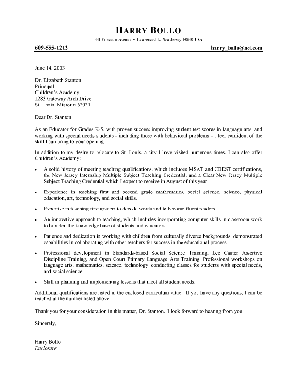Elementary Teacher Cover Letter Elementary Teacher Cover Letter