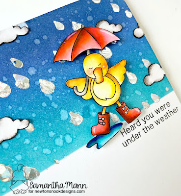 Heard You Were Under the Weather Card by Samantha Mann for Newton's Nook Designs, Deco Foil, Transfer Duo Gel, Get Well Card, Cards, Handmade Cards, Distress Inks, Ink Blending, #newtonsnook #cards #getwell #getwellcard #decofoil #raindrops #stencil