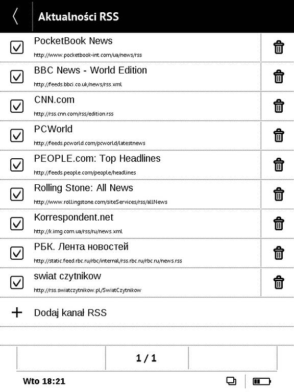 PocketBook Basic Touch 2 Save & Safe – lista kanałów RSS
