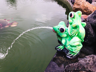 Fountain Pond With Two Frogs Mating Statue In The Garden Of The Park