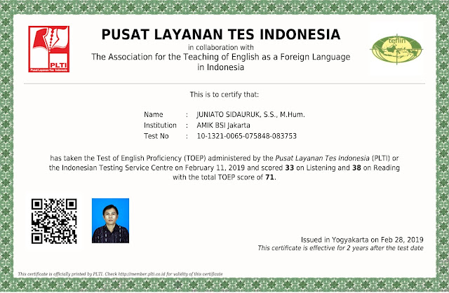 Juniato Sidauruk Ss M Hum Sertifikat Toep Tkbi Dan Sertifikat Tkda Tpa