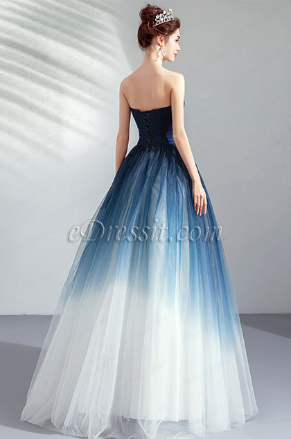 Strapless Blue&White Evening Dress Party Gown