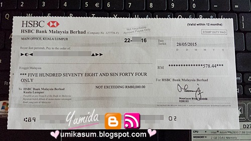 Cheque Nuffnang, Cashout earning Nuffnang, hasil pendapatan berblog untuk menabung, menyimpan wang, melabur, kepentingan menyimpan wang, gambar Cheque HSBC