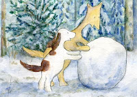 Iso lumipallo / Big snowball Postcard illustration of Hulmu Hukka and Haukku Spaniel making a very big snow ball in a winter day