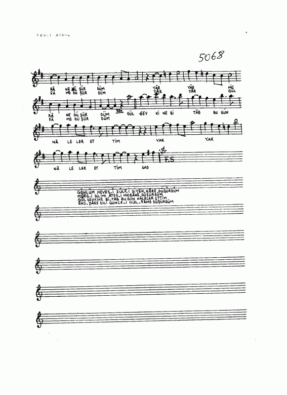 Gönlüm hevesi zülfi siyehkâra düşürdüm Notalar Sözleri