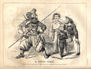 John Tenniel. Cartoon. Punch. July 23, 1853. A heavily armed Russian Cossack soldier threateningly mocks a diminutive Turk, with French and British sailors standing in support behind him. After Russia invaded the Danubian Principalities, British and French fleets were positioned to aid Turkey in the event of war.