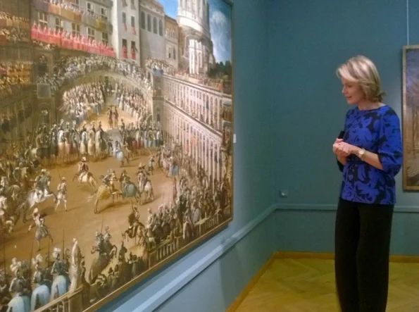 Queen Mathilde of Belgium visits the Nervia/Laethem-Saint-Martin exhibition at the Ixelles Museum Queen Mathilde wore Natan Dress, Earrings, shoes stylebops, perfect, net a porter sale