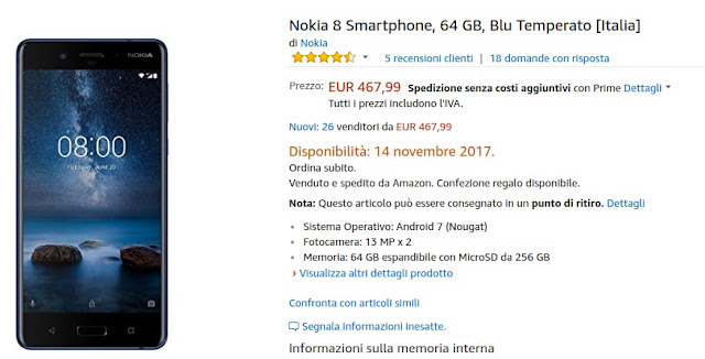 Nokia 8 disponibile a 467 euro venduto e spedito da Amazon