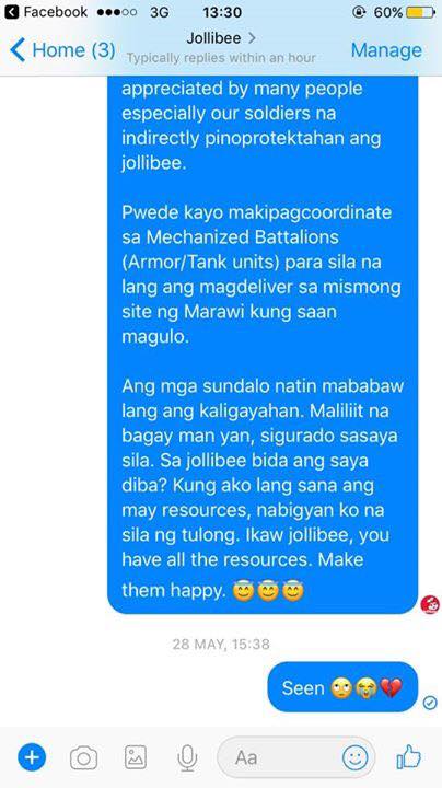 1pc Chicken Joy Simple Wish for PH Troops in Marawi, Gets Seenzoned by Jollibee, Concerned Citizens to the Rescue. 1pc Chicken Joy Simple Wish for PH Troops in Marawi, Gets Seenzoned by Jollibee, Concerned Citizens to the Rescue.