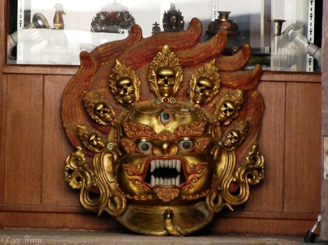 Traditional metal mask depicting a demon on sale in Kathmandu, Nepal