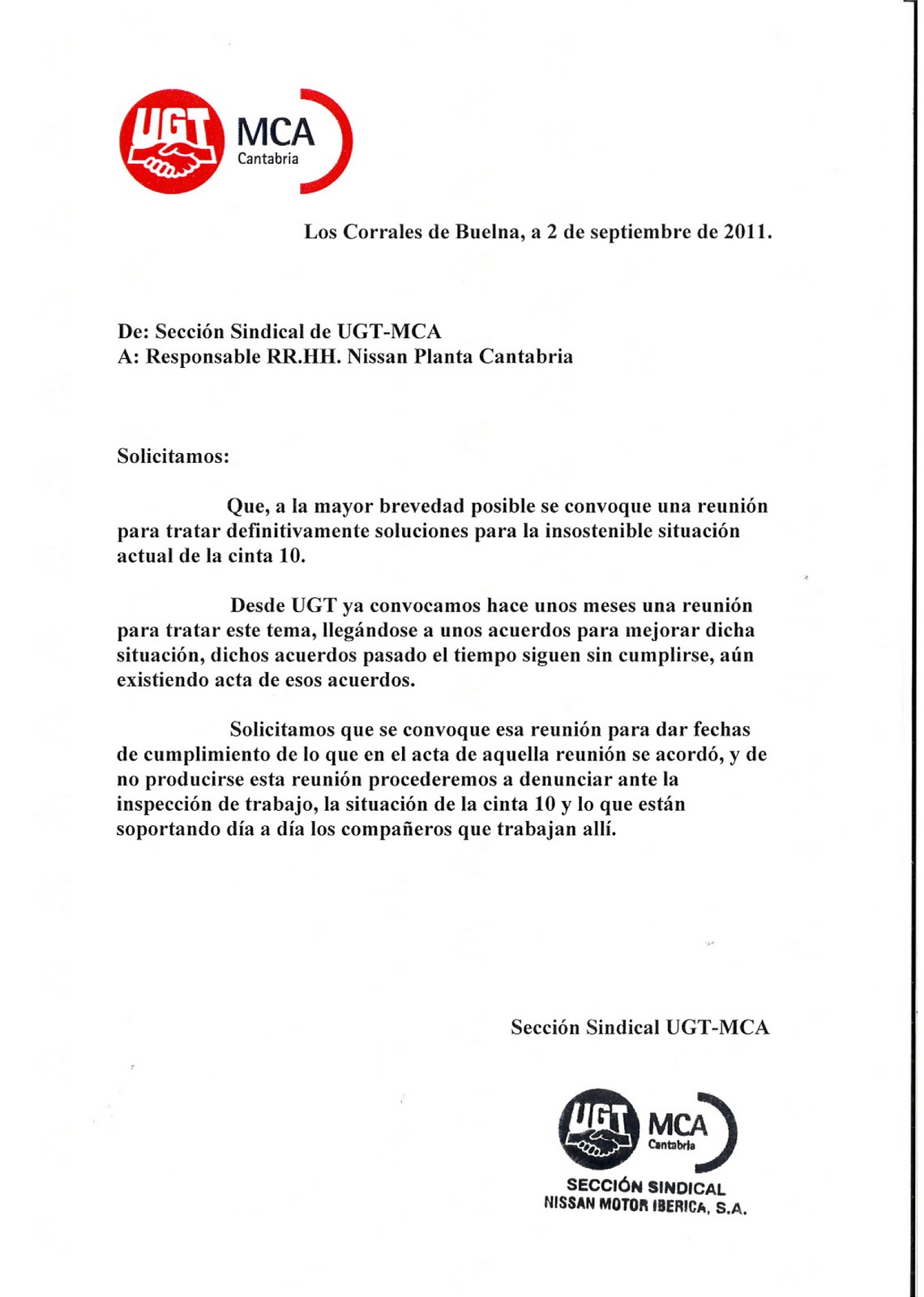 S. S. UGT NISSAN: SOLICITUD DE REUNION PARA TRATAR