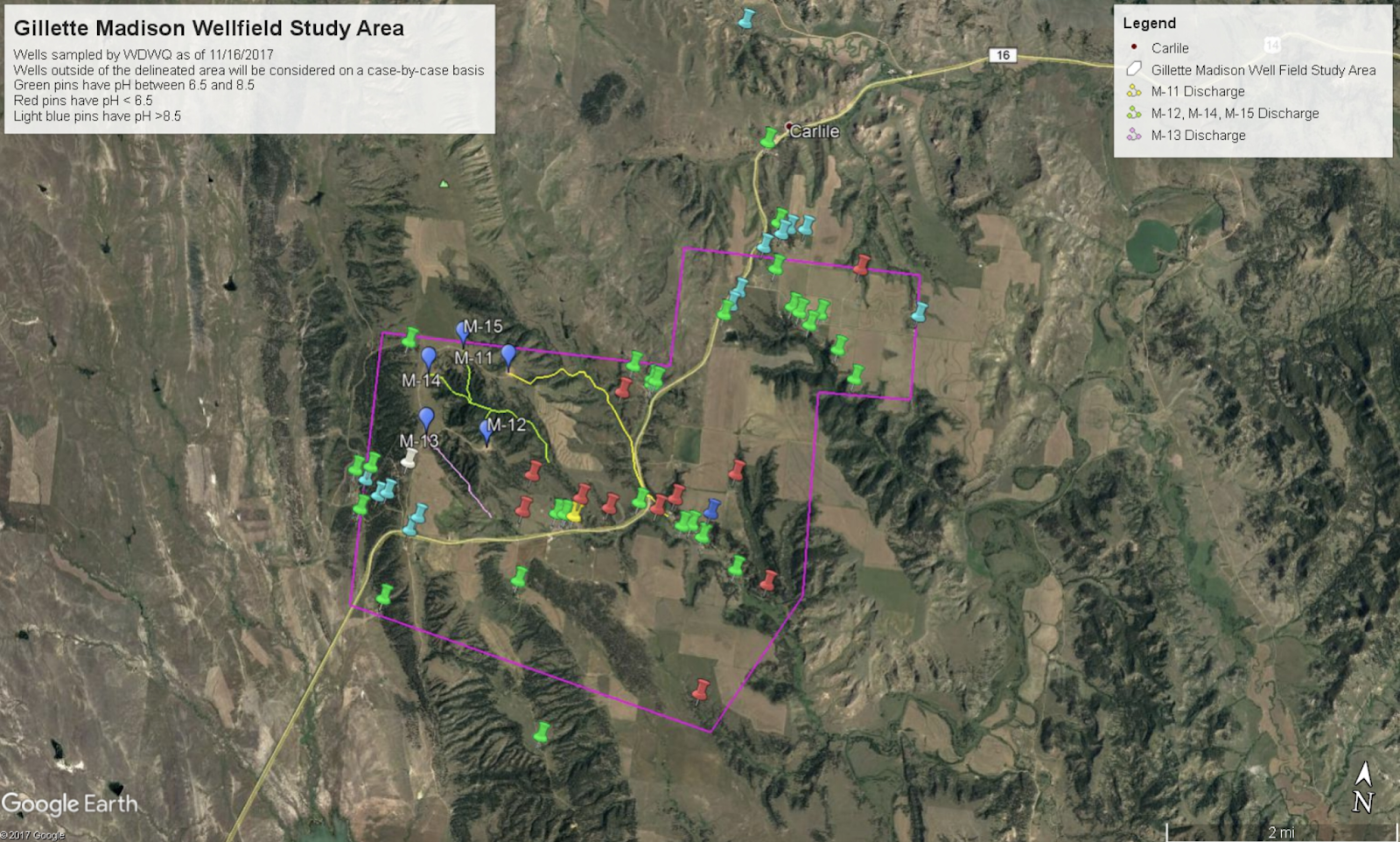 the attached map depicts the areal extent of the low ph wells red pins in proximity to the fracked city of gillette wells blue flags with m the attached map depicts the areal extent of the low ph wells red pins in proximity to the fracked city of gillette wells blue flags with m