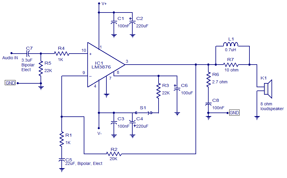 50W audio amplifier LM3876 | Circuits-Projects