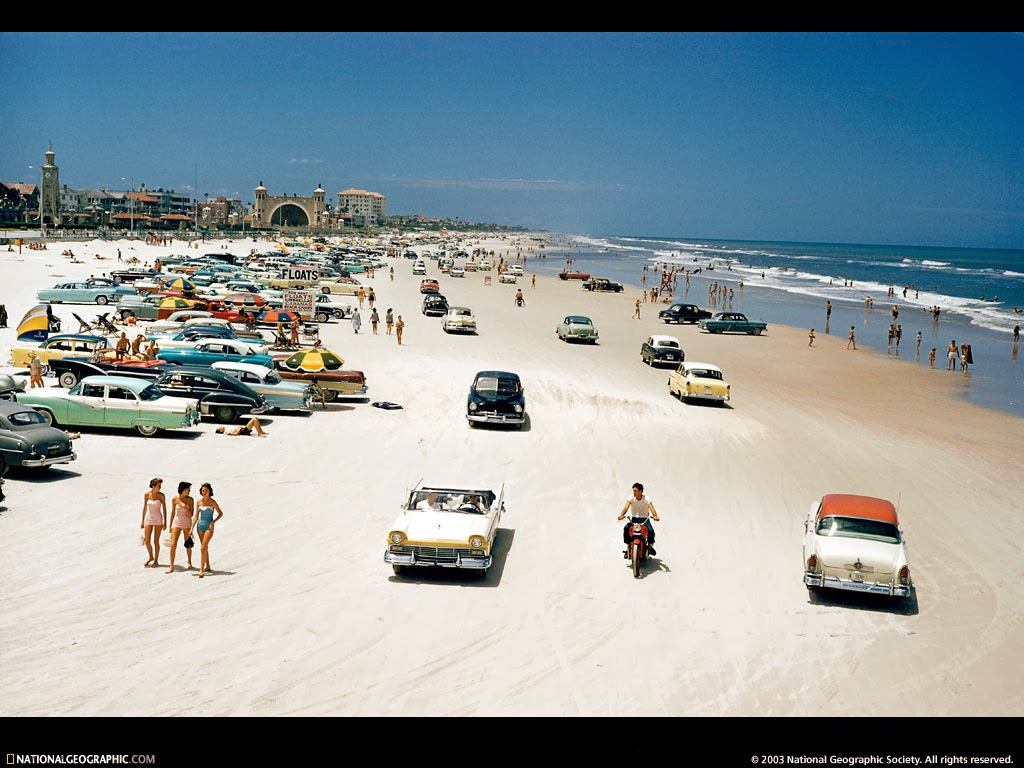 transpress nz: cars on Daytona Beach, Florida, late 1950s