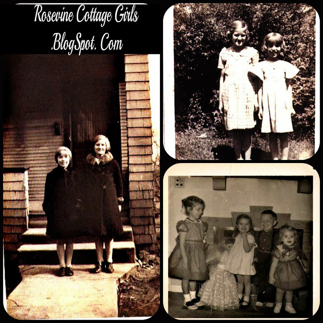 Photo is a collage of Grandma Cottage's family. Grandma and her sister in their winter coats. Grandma and her sister in summer dresses. Grandma's children on the fireplace hearth getting their pictures taken. Article is Thanksgiving recipes by rosevinecottagegirls.com