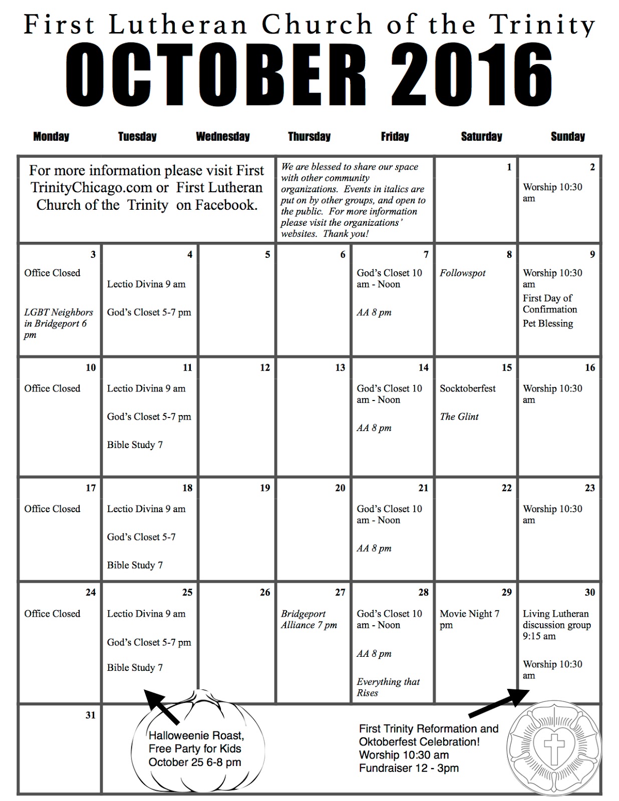 First Trinity Chicago October Calendar