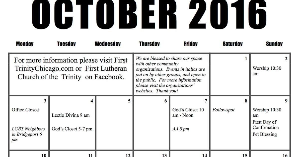 First Trinity Chicago October Calendar