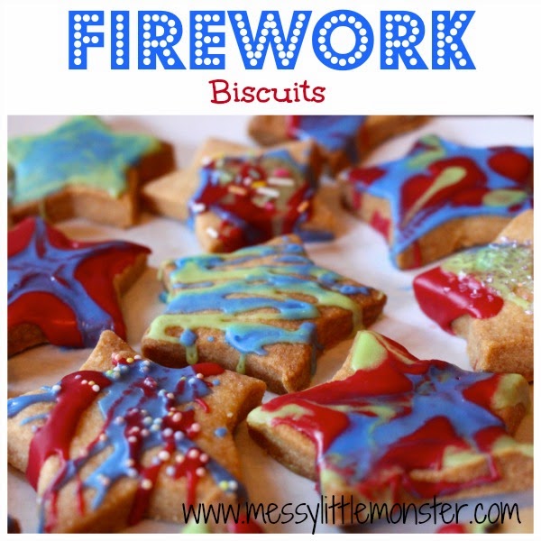 Easy baking for kids- firework biscuits made using a simple biscuit recipe decorated using coloured icing and sprinkles. Great for toddlers and preschoolers as well as older kids. a fun bonfire night, new years eve or birthday baking activity idea. 