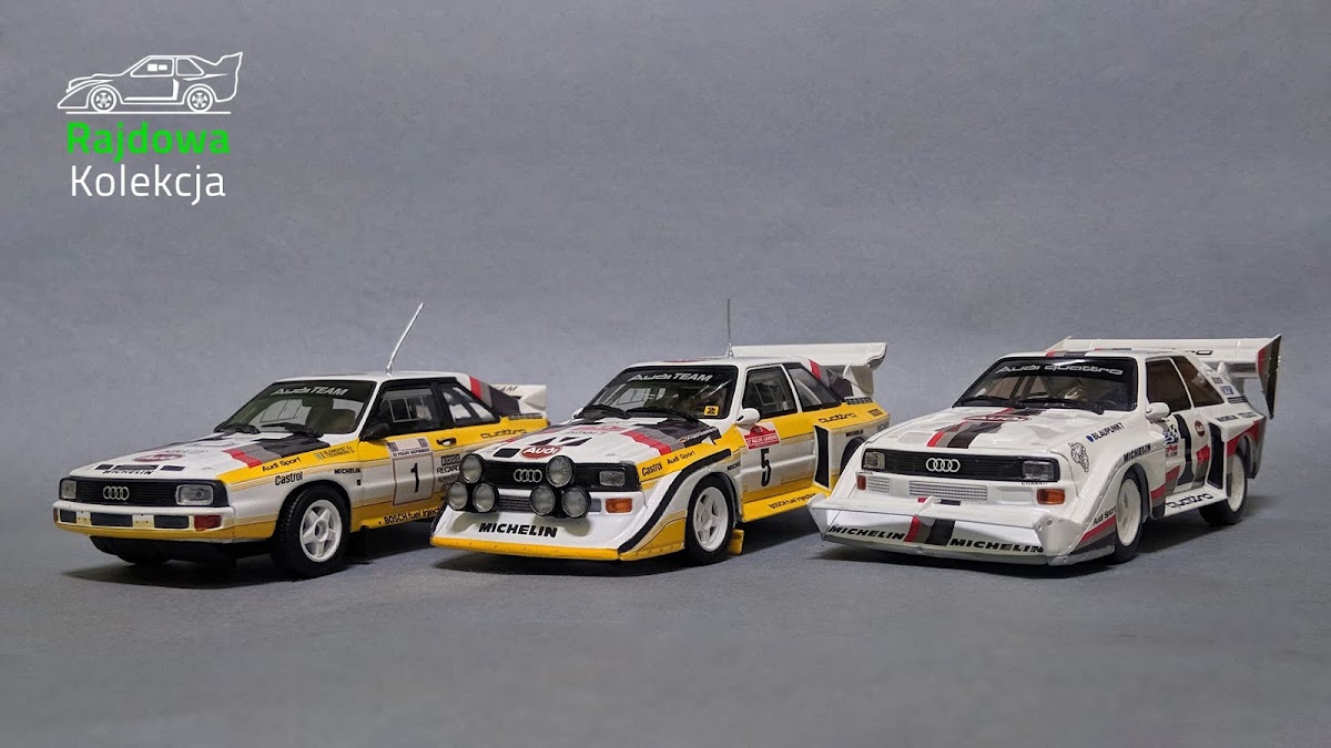 Minichamps' Audis: Sport Quattro Acropolis '85, Sport Quattro S1 Sanremo '85, Sport Quattro S1 PP Pikes Peak '87 Minichamps' Audis: Sport Quattro Acropolis '85, Sport Quattro S1 Sanremo '85, Sport Quattro S1 PP Pikes Peak '87