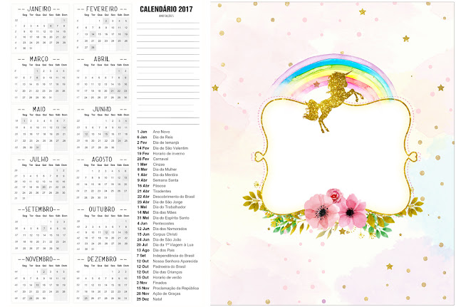 Fiesta de Unicornios: Imprimibles Gratis para Fiestas. Calendario 2017 para imprimir gratis de Fiesta de Unicornios.