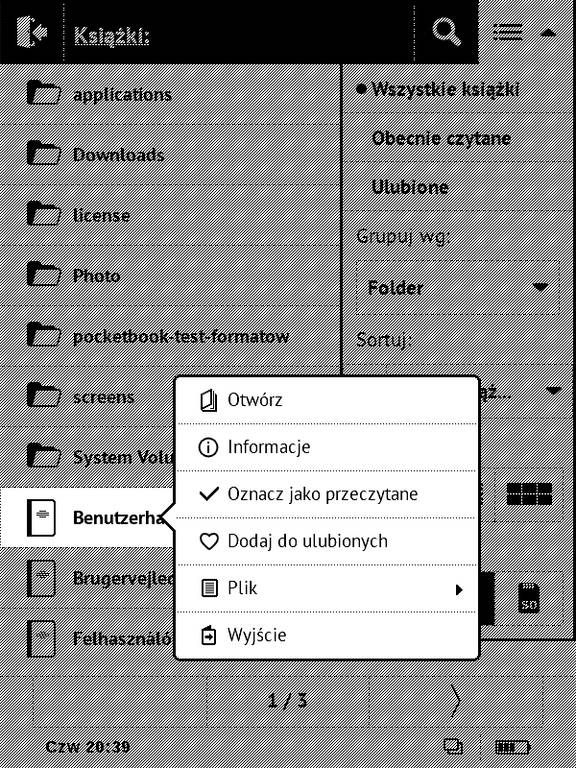 Biblioteka w PocketBook Basic Touch 2 Save & Safe – menu kontekstowe przy wybieraniu e-booka