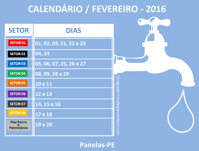 Calendário de abastecimento de água do Mês de Fevereiro 2016