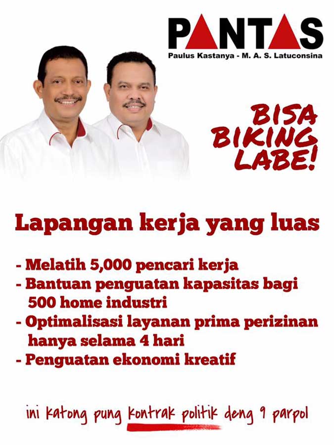 "PANTAS" Jadikan Penataan Kawasan Kumuh Program Prioritas Ambon, Malukupost - Pasangan calon Wali Kota - Wakil Wali Kota Ambon, Paulus Kastanya - Muhammad Armyn Syarif Latuconsina dengan jargon "PANTAS" mengatakan penataan kawasan kumuh menjadi salah satu program prioritasnya bila memenangi pilkada. "Penataan kawasan kumuh merupakan salah satu program prioritas 'PANTAS' bila berkenan diberkati Tuhan Yang Maha Kuasa memenangkan Pilkada Kota Ambon pada 15 Februari 2016," kata Paulus, di Ambon, Rabu (2/11). Dia menjelaskan, tim pemenangan "PANTAS" telah mengambil data dari Satuan Kerja Perangkat Daerah (SKPD) teknis, baik di Pemkot Ambon maupun Pemprov Maluku tentang kawasan kumuh yang perlu dibenahi. "Kalau tidak salah di kota Ambon terdapat 15 kawasan kumuh yang membutuhkan penataan sehingga tercipta permukiman layak huni," ujar Paulus. Dia menjelaskan, penataan kawasan kumuh ini merespon program pemerintah pusat yang bertujuan seluruh kota di Tanah Air bebas dari kawasan kumuh pada 2019, termasuk air bersih serta drainase, limbah dan sampah (sanitasi). "Ini bukan janji, tetapi program yang benar - benar dikaji tim pemenangan agar pro rakyat dengan dukungan sembilan partai politik (Parpol) pengusung dengan keterwakilan sebanyak 25 dari 35 anggota DPRD kota Ambon," kata Paulus. Pasangan dengan tagline "Bisa Biking Labe" itu juga memandang perlu menata kawasan - kawasan rawan bencana, terutama saat musim hujan yang mengakibatkan banjir maupun tanah longsor. "Kami tidak menginginkan adanya korban saat terjadi musim hujan di Kota Ambon yang karena tanah longsor dan banjir mengakibatkan warga meninggal serta kerusakan rumah, fasilitas umum maupun sosial," kata Paulus. Pasangan "PANTAS" mengikuti Pilkada dengan visi "Ambon berkeadaban, berdaya saing, sejahtera berbasis kearifan lokal yang berkeadilan dan didukung partisipasi masyarakat secara berkelanjutan". Sedangkan, program kerja pasangan calon nomor urut dua tersebut diantaranya pelatihan bagi 5.000 pencari kerja, penguatan kapasitas untuk 500 industri rumah tangga optimalisasi pelayanan prima perizinan hanya selama empat hari dan penguatan ekonomi kreatif. Kedua, pemberian beasiswa bagi 1.000 pelajar/mahasiswa, penguatan kapasitas TPQ (Islam), sekolah minggu (Kristen Protestan) dan Sekami (Katholik), pelayanan prima Puskesmas 24 jam di lima kecamatan, pelayanan kesehatan reproduksi bagi anak maupun remaja perempuan serta vitsum et repertum gratis untuk korban kekerasan dalam rumah tangga (KDRT).