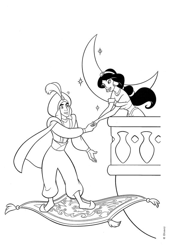 Tranh tô màu Aladin và Jasmine ngoài ban công